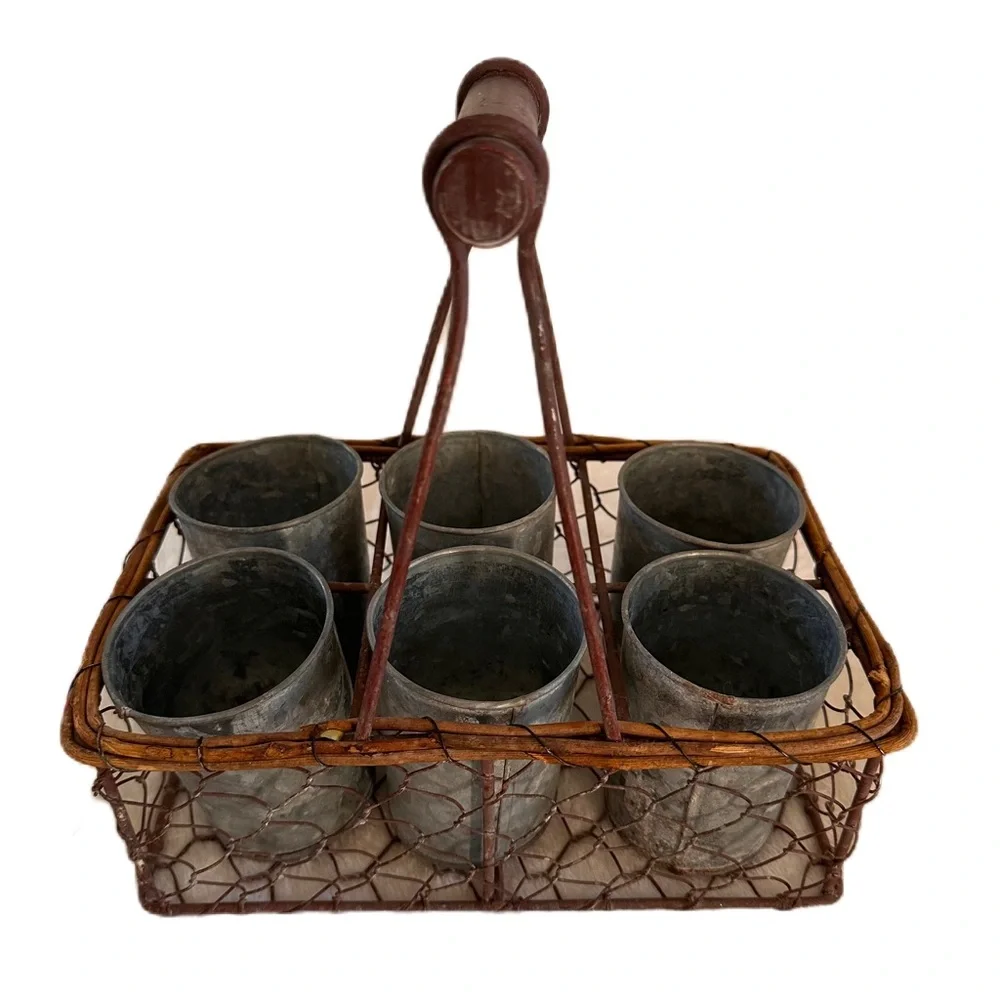 French Basket Farmhouse Rustic Wire Handle‎ 6 Cup Galvanized Metal Herb Pots
